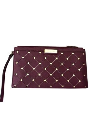Michael Kors Jamey Saffiano  Burgundy Wristlet with Gold Diamond  Cutouts New